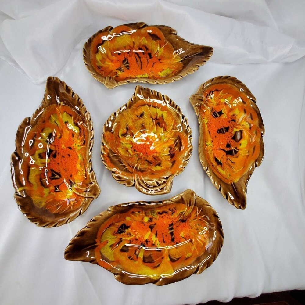 VTG California Originals Fall Leaf-Shaped Ceramic Serving Dish Set Orange Brown